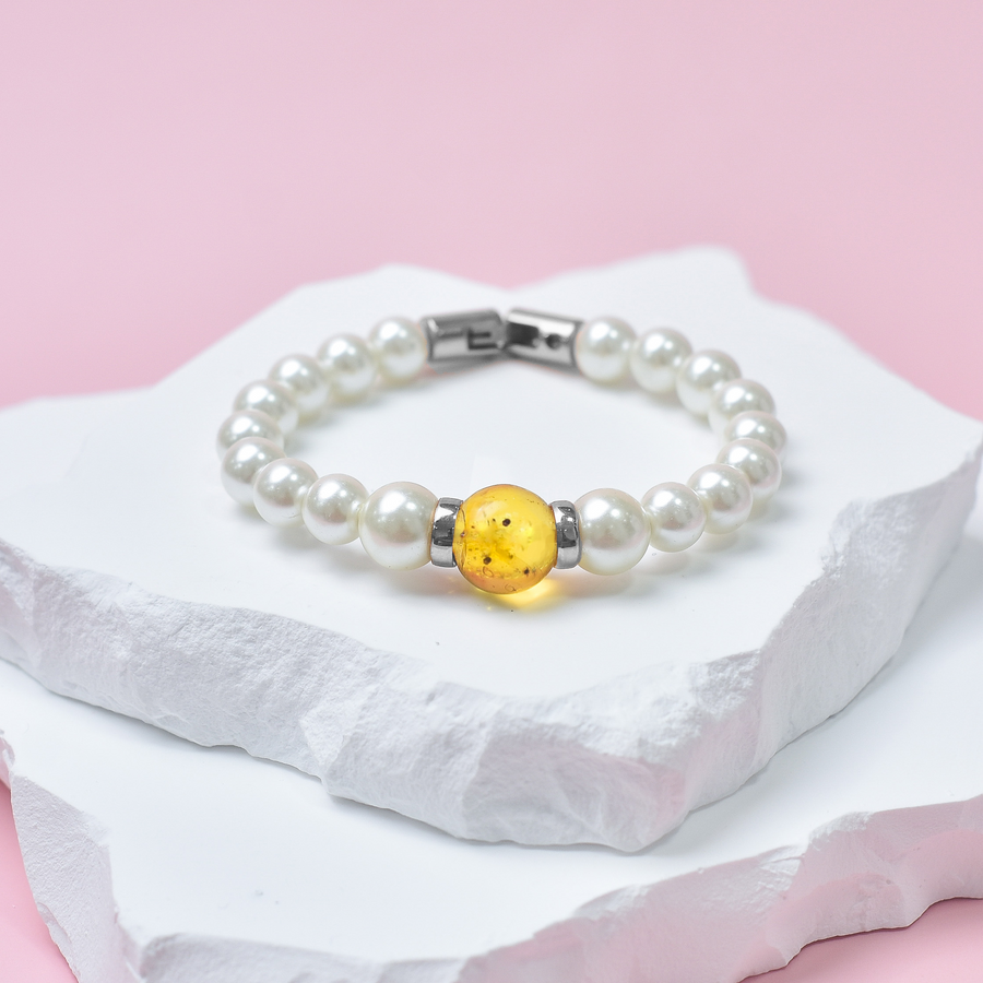 Mother of Pearl & Amber Silver Stainless Steel Bracelet