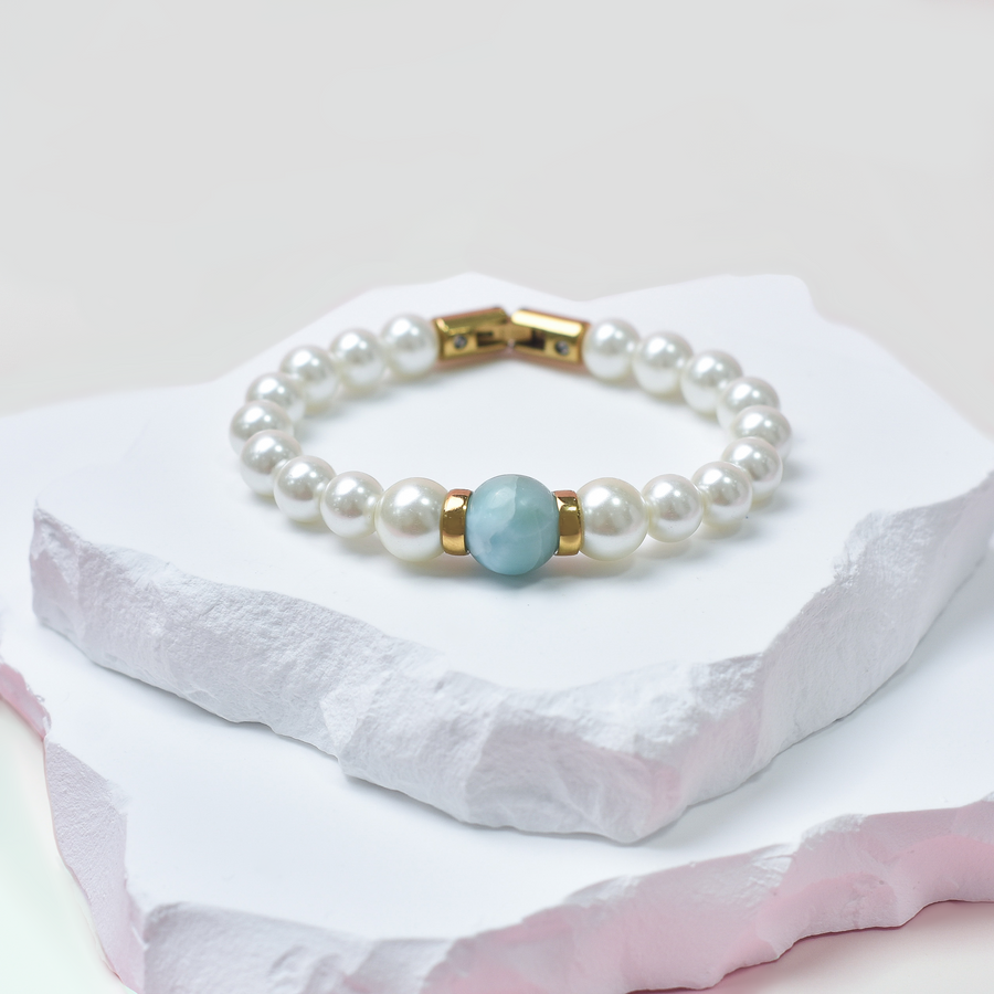 Mother of Pearl & Larimar Gold Stainless Steel Bracelet