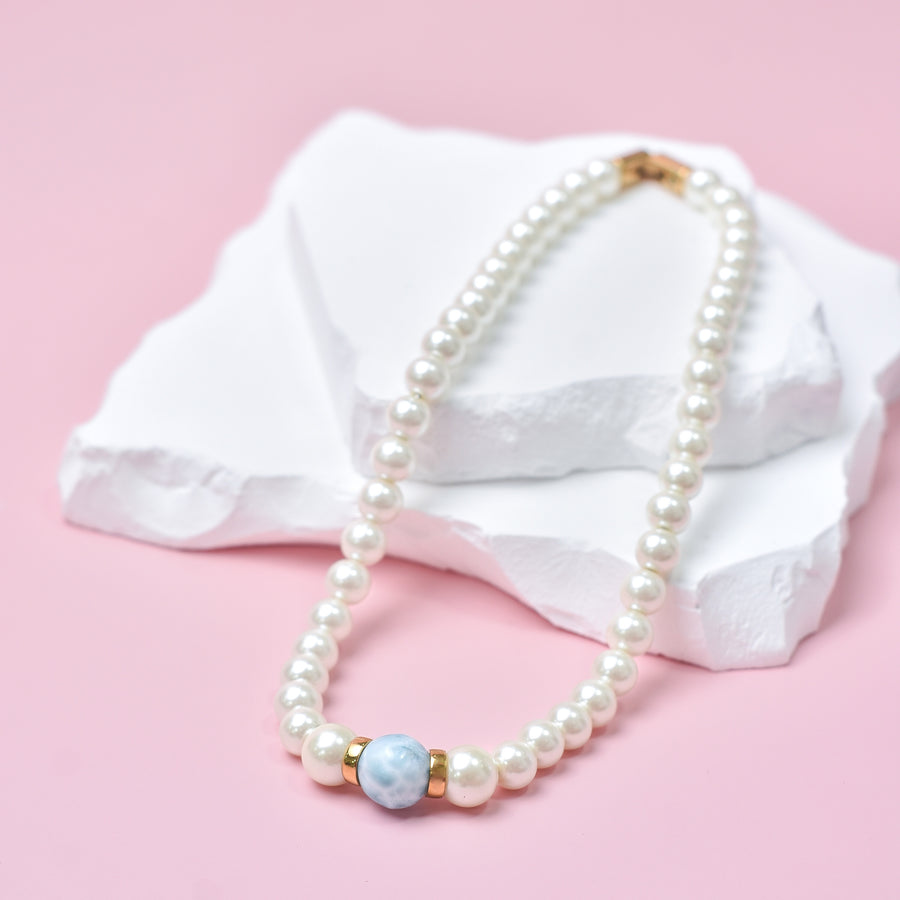 Mother of Pearl & Larimar Gold Stainless Steel Necklace