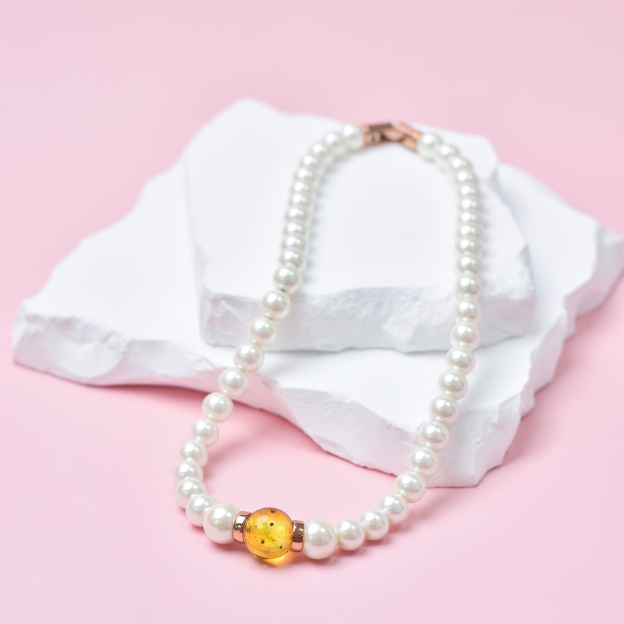 Mother of Pearl & Amber Rose Gold Stainless Steel Necklace