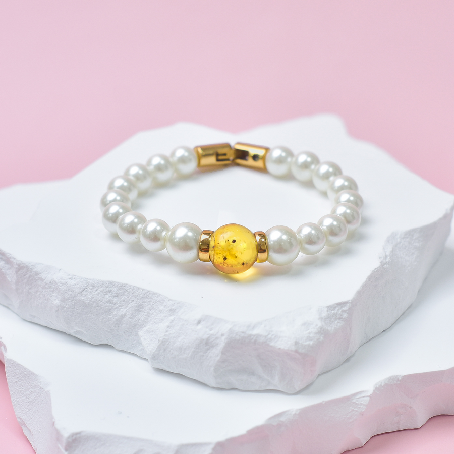 Mother of Pearl & Amber Gold Stainless Steel Bracelet